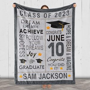 Class of 2023 Personalized Graduation Blanket, Custom Name & EST, Congratulations Gift Gesture for The One Who is Achieving Success & Getting Graduated, Soft Blanket Proudly Printed in USA