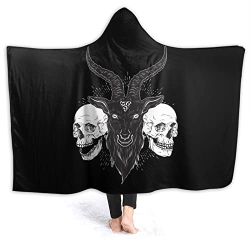 Demon Baphomet Satanic Goat Head and Skull Hooded Blanket Soft Plush Wearable Hoodie Blanket Warm Hooded Robe Poncho Cape Wrap Bathrobe Sofa Sleeping Throw Flannel Bedding 80"X60" for Adult Queen