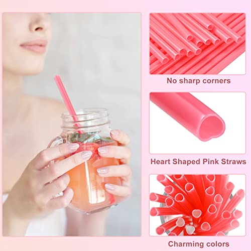 100 Pieces Valentine Straws Heart Shaped Pink Straws Plastic Disposable Drinking Cute Straw Drinking Coffee Milk Straw Valentine Party Favors for Bridal Shower Wedding Supplies (100 Pieces)