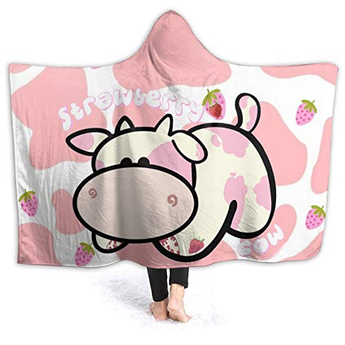 Strawberry Milk Cow Hooded Blanket Ultra Soft Wearable Throw Blanket Coral Fleece Blanket Hoodie Cloak for Sofa Lounge Bed Napping Large 80x60In （Queen） Adults