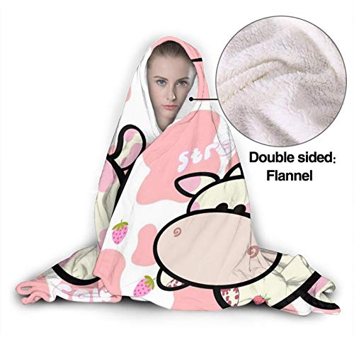 Strawberry Milk Cow Hooded Blanket Ultra Soft Wearable Throw Blanket Coral Fleece Blanket Hoodie Cloak for Sofa Lounge Bed Napping Large 80x60In （Queen） Adults