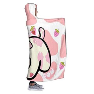 Strawberry Milk Cow Hooded Blanket Ultra Soft Wearable Throw Blanket Coral Fleece Blanket Hoodie Cloak for Sofa Lounge Bed Napping Large 80x60In （Queen） Adults