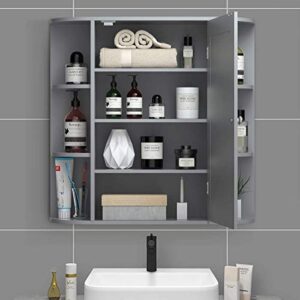 moccha bathroom cabinet, mirrored wall mounted medicine cabinet with mirrored door and 6 open shelves, floating shelf, dressing mirror with storage cabinet, suitable for foyer, living room (gray)