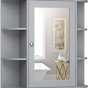 Moccha Bathroom Cabinet, Mirrored Wall Mounted Medicine Cabinet with Mirrored Door and 6 Open Shelves, Floating Shelf, Dressing Mirror with Storage Cabinet, Suitable for Foyer, Living Room (Gray)