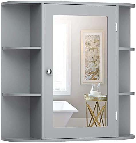 Moccha Bathroom Cabinet, Mirrored Wall Mounted Medicine Cabinet with Mirrored Door and 6 Open Shelves, Floating Shelf, Dressing Mirror with Storage Cabinet, Suitable for Foyer, Living Room (Gray)