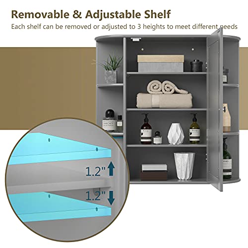 Moccha Bathroom Cabinet, Mirrored Wall Mounted Medicine Cabinet with Mirrored Door and 6 Open Shelves, Floating Shelf, Dressing Mirror with Storage Cabinet, Suitable for Foyer, Living Room (Gray)