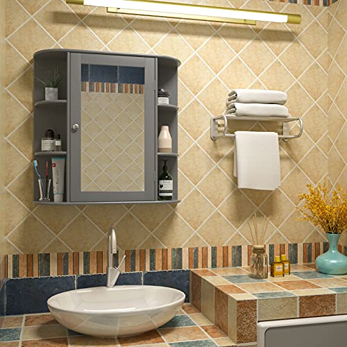 Moccha Bathroom Cabinet, Mirrored Wall Mounted Medicine Cabinet with Mirrored Door and 6 Open Shelves, Floating Shelf, Dressing Mirror with Storage Cabinet, Suitable for Foyer, Living Room (Gray)