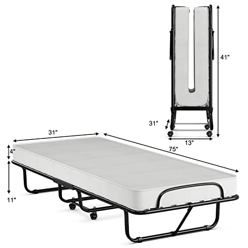 Giantex Folding Bed with Mattress for Adults, Fold up Bed with Memory Foam Mattress & Metal Frame on Wheels, Cot Size Roll Away Adult Bed, Foldable Portable Guest Bed for Easy Storage, Made in Italy