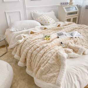 bedbay sherpa fleece blanket 70x80 inch beige throw blanket boho tufted blanket soft warm plush sherpa fleece blanket versatile blanket fluffy blanket for bed sofa couch travel(cream,70"x80")