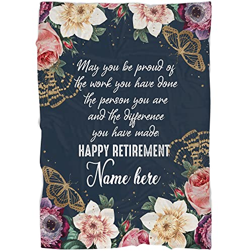 Personalized Retirement Gift for Women - Happy Retirement Blue Blanket - Custom Blanket for Mother's Day - Floral Blanket Gift Idea for Birthday Christmas - JB233 (60x80 inch)