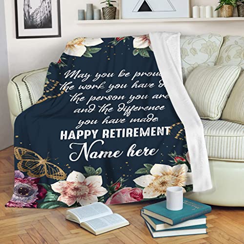 Personalized Retirement Gift for Women - Happy Retirement Blue Blanket - Custom Blanket for Mother's Day - Floral Blanket Gift Idea for Birthday Christmas - JB233 (60x80 inch)