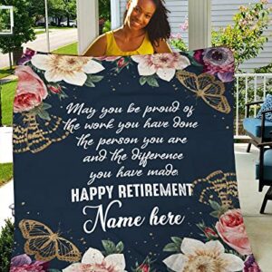 Personalized Retirement Gift for Women - Happy Retirement Blue Blanket - Custom Blanket for Mother's Day - Floral Blanket Gift Idea for Birthday Christmas - JB233 (60x80 inch)