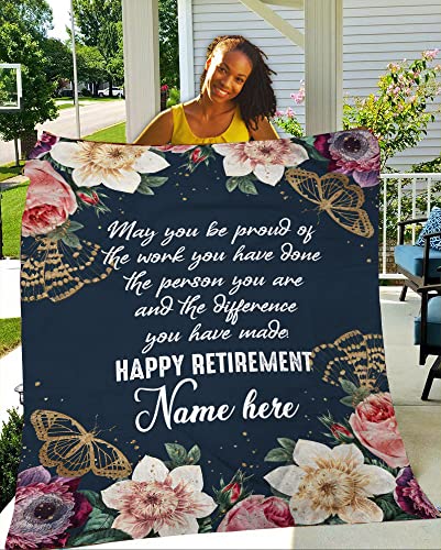 Personalized Retirement Gift for Women - Happy Retirement Blue Blanket - Custom Blanket for Mother's Day - Floral Blanket Gift Idea for Birthday Christmas - JB233 (60x80 inch)