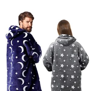 sunyana Wearable Blanket Hoodie for Women and Men, Worm and Cozy Thickened Flannel Blanket Sweater with Large Pockets, One Size Fits All(Moon)