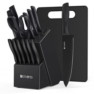 stllab knife set with cutting board, 15 pcs kitchen knife set with built-in sharpener block, knife set with 6 steak knives, black