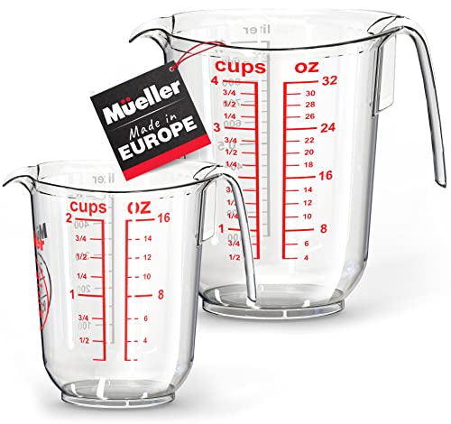 Mueller International Clear Measuring Cup Set – Two Piece Set 4 Cups/30 oz & 2 Cups/16 oz, Liquid and Dry Measuring Cups, Shutter-proof, European Made