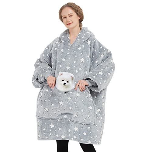 Wearable Blanket Hoodie Oversized Sherpa Blanket SweatshirtFlannel Blanket with Large Pocket Gift for Women Glow in the Dark Cute Star