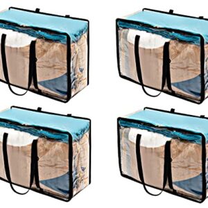 Tidy Zebra Set of 4 Large Storage Bag Organizers with Strong Handles & Zipper, Clear Storage Bins for Clothes, Bedding, Closet, Bedroom & Under Bed Storage, Great for Collage & Home Organization