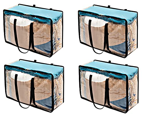 Tidy Zebra Set of 4 Large Storage Bag Organizers with Strong Handles & Zipper, Clear Storage Bins for Clothes, Bedding, Closet, Bedroom & Under Bed Storage, Great for Collage & Home Organization