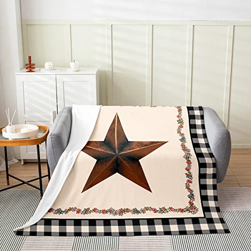 Brown Star Bed Blanket Watercolor Flower Rustic Style Fleece Blanket Warm Soft Black White Buffalo Plaid Flannel Blanket Bed Couch Sofa Living Room Decor,90"X90"