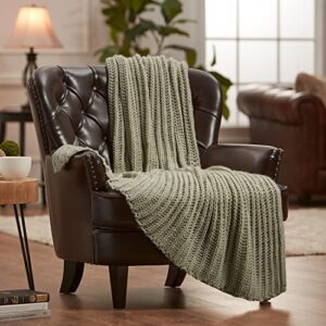 chanasya chunky knit fluffy sage green throw blanket - contemporary textured super soft warm cozy plush lightweight acrylic knitted blanket for couch bed sofa chair cover living bed room - sage
