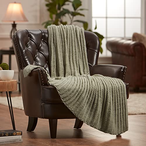 Chanasya Chunky Knit Fluffy Sage Green Throw Blanket - Contemporary Textured Super Soft Warm Cozy Plush Lightweight Acrylic Knitted Blanket for Couch Bed Sofa Chair Cover Living Bed Room - Sage