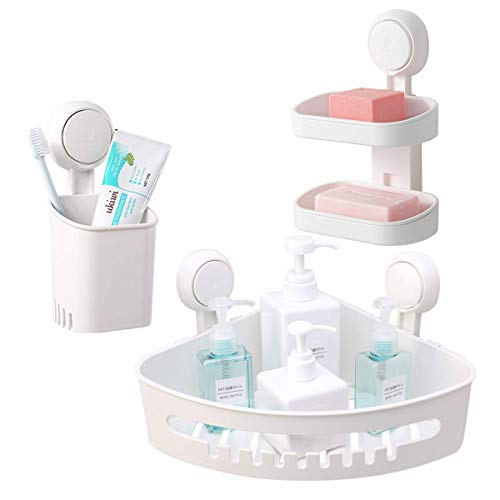 Bathroom & Kitchen Suction Cup Storage Basket Set Pack of 3 Wall Mounted Organizer for Toothbrush, Shampoo, Soap, Shower Caddy Drill-Free with Vacuum Suction Cup for Kitchen & Bathroom