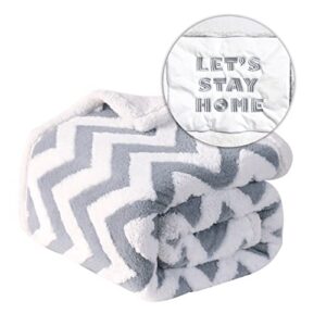 ailemei sherpa fleece blanket with creative embroidered words patch, king size reversible fuzzy soft fluffy huge bed blankets for winter, grey chevron (let's stay home)