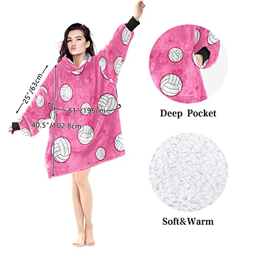 Volleyball on Pink Sherpa Wearable Blanket Cozy Fleece Hoodie with Large Pocket for Women Mom Adults