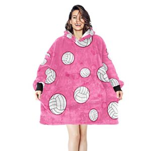 volleyball on pink sherpa wearable blanket cozy fleece hoodie with large pocket for women mom adults