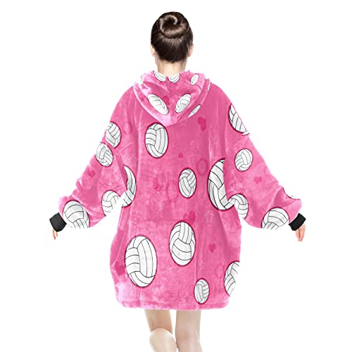 Volleyball on Pink Sherpa Wearable Blanket Cozy Fleece Hoodie with Large Pocket for Women Mom Adults