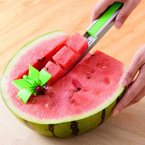 Watermelon slicer cutter Windmill Auto Stainless Steel Melon Cuber Knife Corer Fruit Vegetable Tools Kitchen Gadgets (Green)