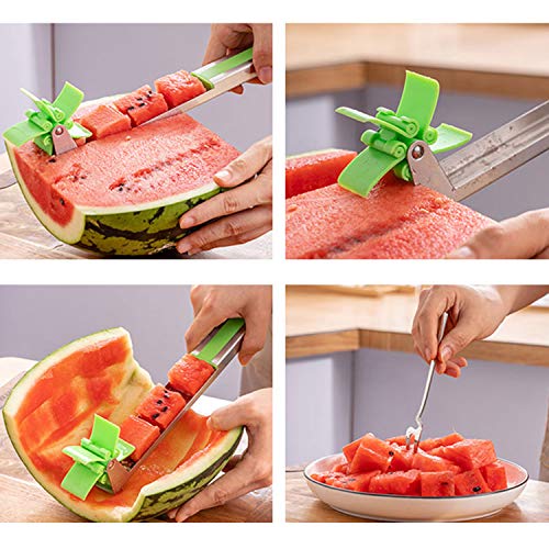 Watermelon slicer cutter Windmill Auto Stainless Steel Melon Cuber Knife Corer Fruit Vegetable Tools Kitchen Gadgets (Green)