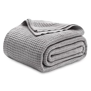 bedsure 100% cotton blankets queen size for bed - 405gsm waffle weave blankets for summer, cozy and warm, grey soft lightweight woven blankets for all seasons, 90x90 inches
