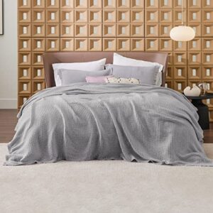 Bedsure 100% Cotton Blankets Queen Size for Bed - 405GSM Waffle Weave Blankets for Summer, Cozy and Warm, Grey Soft Lightweight Woven Blankets for All Seasons, 90x90 inches