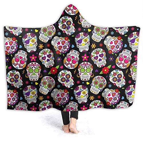 JASMODER Sugar Skull Hoodie Blanket Wearable Throw Blankets for Couch Blanket Hooded for Baby Kids Men Women