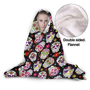 JASMODER Sugar Skull Hoodie Blanket Wearable Throw Blankets for Couch Blanket Hooded for Baby Kids Men Women