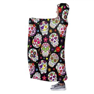 JASMODER Sugar Skull Hoodie Blanket Wearable Throw Blankets for Couch Blanket Hooded for Baby Kids Men Women