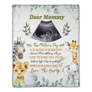 personalized ultrasound photo baby blanket, dear mommy safari animals blankets, mothers day birthday gifts for mom, mother, first time mom, unique gift for wife from husband, custom sonogram picture
