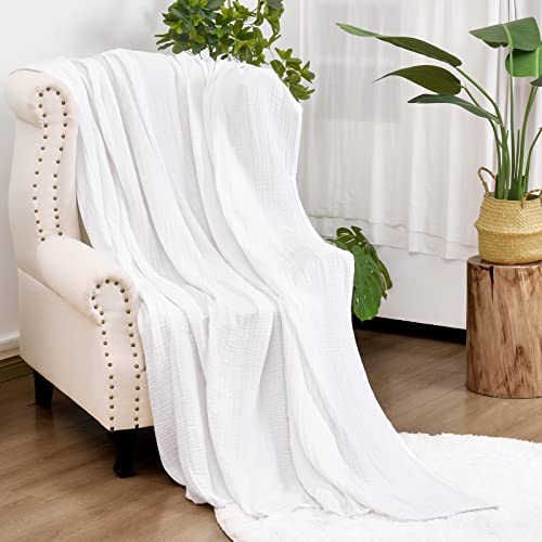 PHF 100% Cotton Muslin Blanket King Size 108" x 90", Lightweight and Breathable Blanket for All Season, Ultra Soft Blanket Layer for Couch Bed Sofa, Elegant Home Decoration White