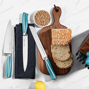 Emojoy Knife Set, 15-Piece Kitchen Knife Set with Block Wooden, Lake Blue Handle for Chef Knife Set, Kitchen Knives Sharpener and Scissors German Stainless Steel