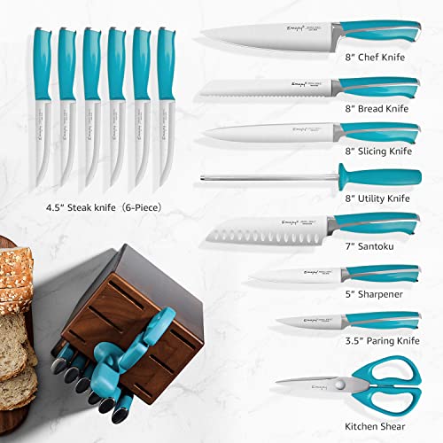 Emojoy Knife Set, 15-Piece Kitchen Knife Set with Block Wooden, Lake Blue Handle for Chef Knife Set, Kitchen Knives Sharpener and Scissors German Stainless Steel