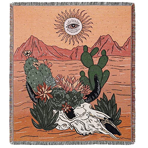 tiowik Cactus Desert Throw Woven Blanket with Tassel for Home Decoration Chair Couch Sofa Bed Beach Travel Picnic Cloth Tapestry Shawl Cozy Cotton (Orange 63×51 Inches)