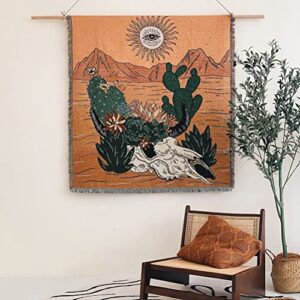 tiowik Cactus Desert Throw Woven Blanket with Tassel for Home Decoration Chair Couch Sofa Bed Beach Travel Picnic Cloth Tapestry Shawl Cozy Cotton (Orange 63×51 Inches)