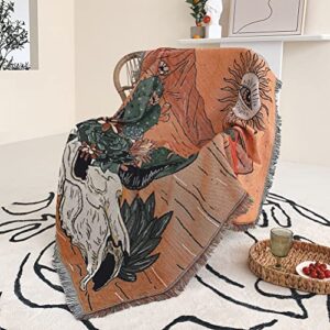 tiowik Cactus Desert Throw Woven Blanket with Tassel for Home Decoration Chair Couch Sofa Bed Beach Travel Picnic Cloth Tapestry Shawl Cozy Cotton (Orange 63×51 Inches)