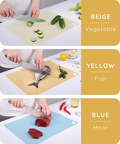 Extra Thin Flexible Cutting Boards for Kitchen - Cutting Mats for Cooking, Colored Cutting Mat Set with Easy-Grip Handles | Non Slip Cutting Sheets, Flexible Plastic Cutting Board Set of 3 (15"x12")