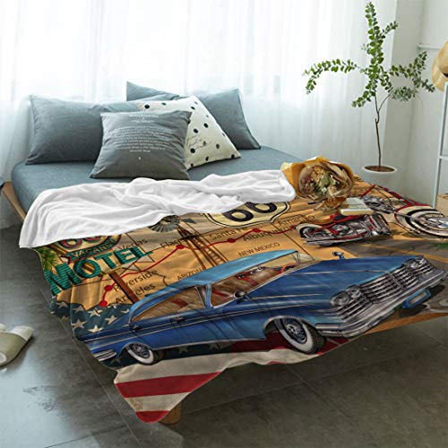 Singingin Ultra Soft Flannel Fleece Bed Blanket Retro Car Motel Route 66 Throw Blanket All Season Warm Fuzzy Light Weight Cozy Plush Blankets for Living Room/Bedroom