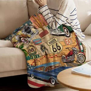 Singingin Ultra Soft Flannel Fleece Bed Blanket Retro Car Motel Route 66 Throw Blanket All Season Warm Fuzzy Light Weight Cozy Plush Blankets for Living Room/Bedroom