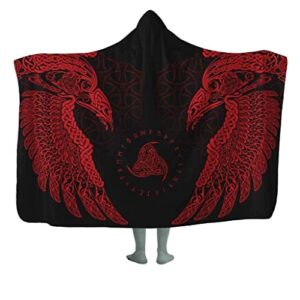 urgaid norse viking odin's raven totem hooded blanket, wearable soft cozy flannel cloak, home leisure sofa bedding wrap cape (color : red, size : 150 x 200cm)