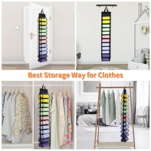 Clothes Storage Bag Hanger - Hold 24 Compartments Hanging Clothes Storage, Hanger Foldable Leggings Wardrobe Clothes Portable Closets Roll Holder for Tshirts Jeans Yoga Leggings Pants Towels (Black)